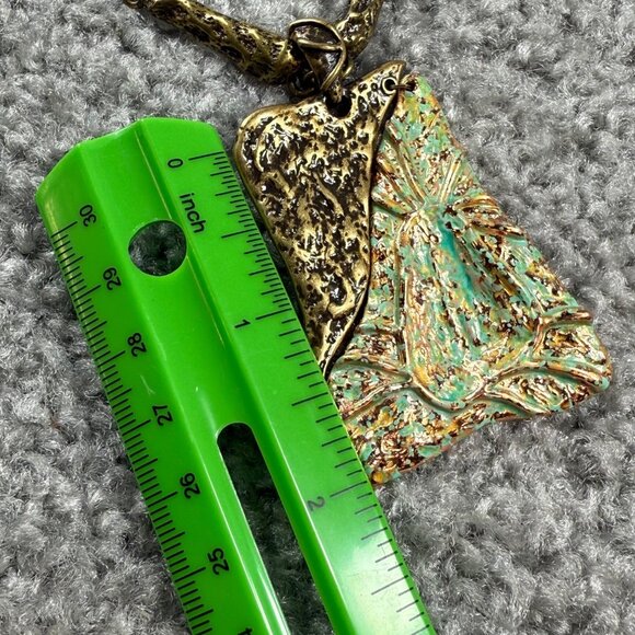 Green & Bronze Pendant Necklace Textured Metal Design on Chain 18 Inches Long - Picture 9 of 16